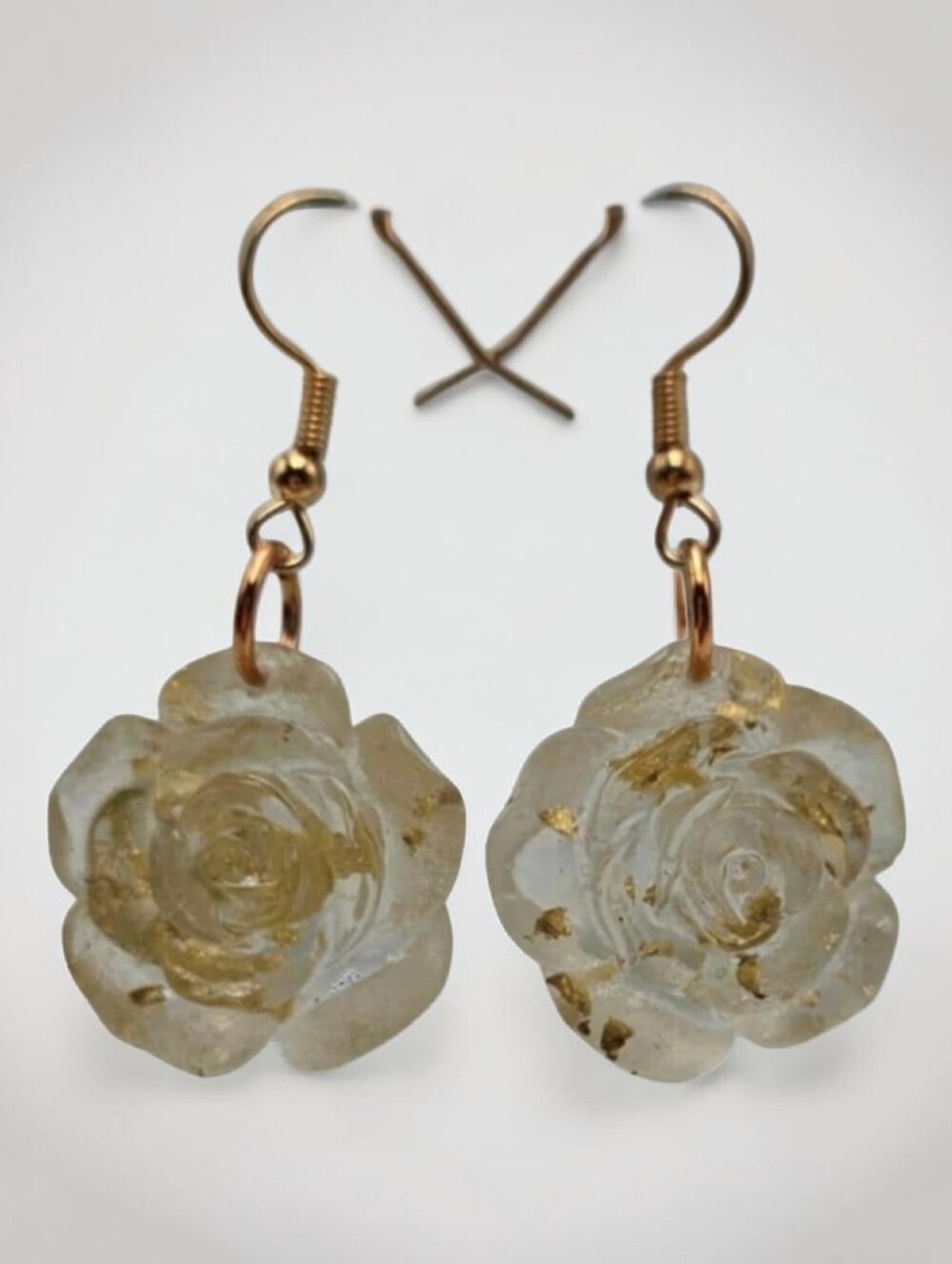 Handmade Iridescent Clear Yellow Rose Earrings with Gold Flakes Dangle Jewelry